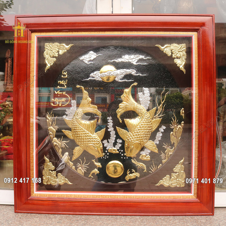 Tranh Đồng L&yacute; Ngư Vọng Nguyệt Mạ Tam Kh&iacute; 80Cm